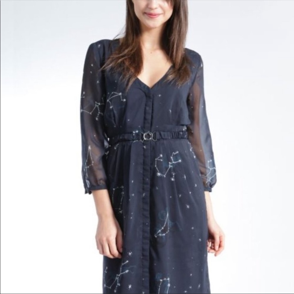 NWOT Brooklyn Industries Zodiac Print Midi Dress. Sheer Navy. Size S
